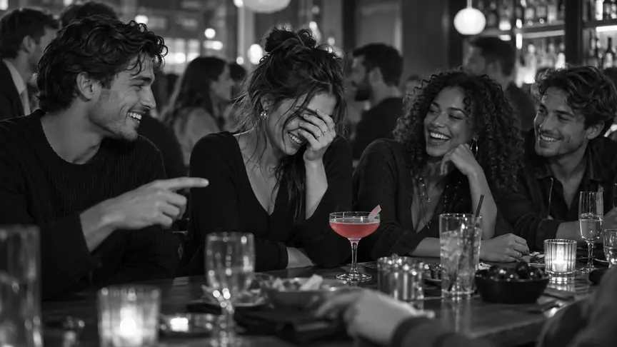 Primera hora del vespre en un bar de barri ple de gent: una noia d'uns vint-i-quatre anys riu i s'amaga la cara darrere la mà mentre tres amics li fan broma des de l'altra banda d'una taula plena — un noi d'uns vint-i-tres, una noia d'uns vint-i-cinc i un noi d'uns vint-i-quatre, un d'ells assenyalant amb el cap algú que queda fora de pla. Texans, jerseis i jaquetes sense lletres ni logotips, un còctel d'un rosa fosc davant d'ella, pantalles de mòbil girades, tothom rient.