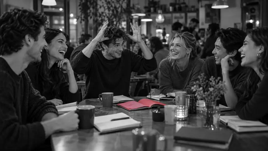 En un cafè concorregut durant una vetllada d'intercanvi d'idiomes, un grup divers d'amics d'entre vint-i-dos i vint-i-cinc anys, dones i homes, riuen al voltant d'una taula llarga de fusta plena de llibretes obertes i tasses de cafè mentre un d'ells imita una paraula perquè els altres l'endevinin; tots porten jerseis i camises llisos, sense lletres ni logotips, les llibretes no mostren cap escriptura llegible i una llibreta de color rosa fosc jeu oberta al mig de la taula.