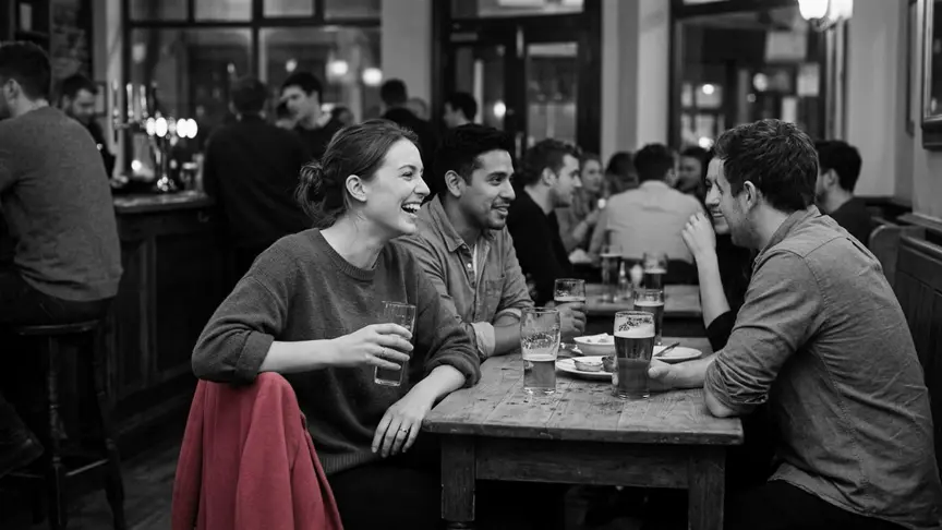 Un divendres al vespre després de la feina, companys de feina de vint-i-pocs anys comparteixen begudes al voltant d’una taula plena en un bar concorregut, amb les mànigues remangades, samarretes senzilles i texans. En primer pla, una dona, amb una fina aliança de casament a la mà que subjecta el got i la seva jaqueta rosa fosc penjada al respatller de la seva cadira, riu d’alguna cosa que acaba de dir la seva amiga més propera de la feina, mentre els altres parlen alhora amb una llum càlida i tènue.