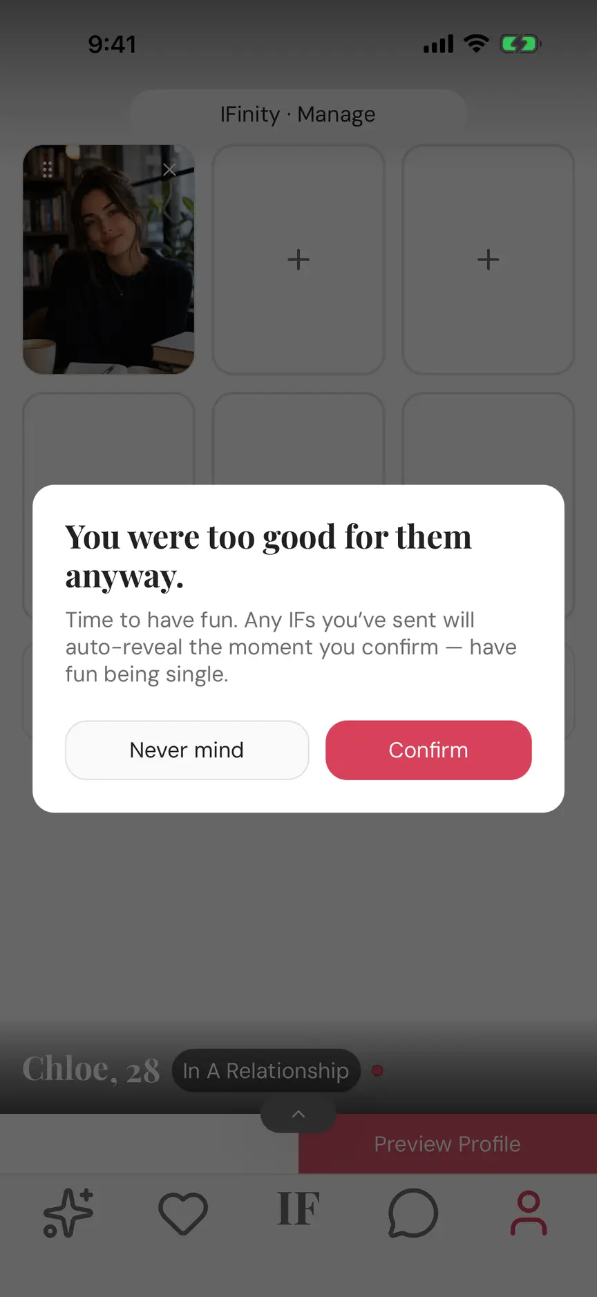 Changing your relationship status to single in the IF app.