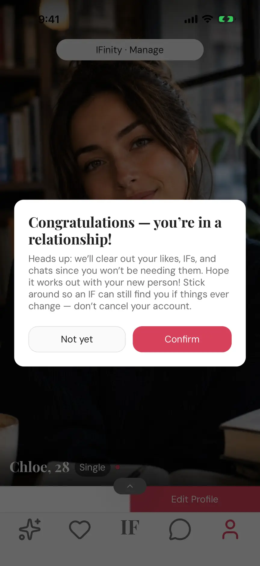 Updating your relationship status to in a relationship in the IF app.